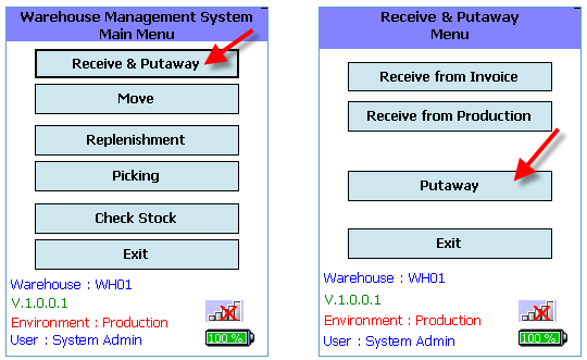 WMS Scan Receive Spare Part Menu on PDA