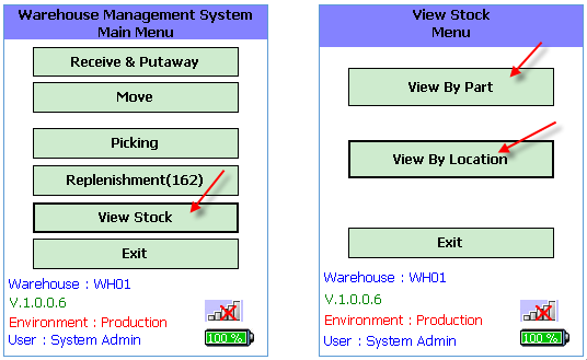 WMS View Inventory Menu on PDA